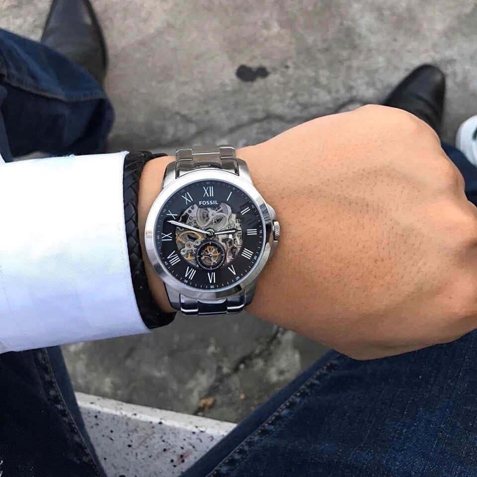  Shop Authentic Fossil Grant Automatic Skeleton Black Dial Silver Steel Strap Watch for Men - ME3103 - Luxxuri