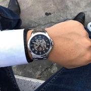  Shop Authentic Fossil Grant Automatic Skeleton Black Dial Silver Steel Strap Watch for Men - ME3103 - Luxxuri