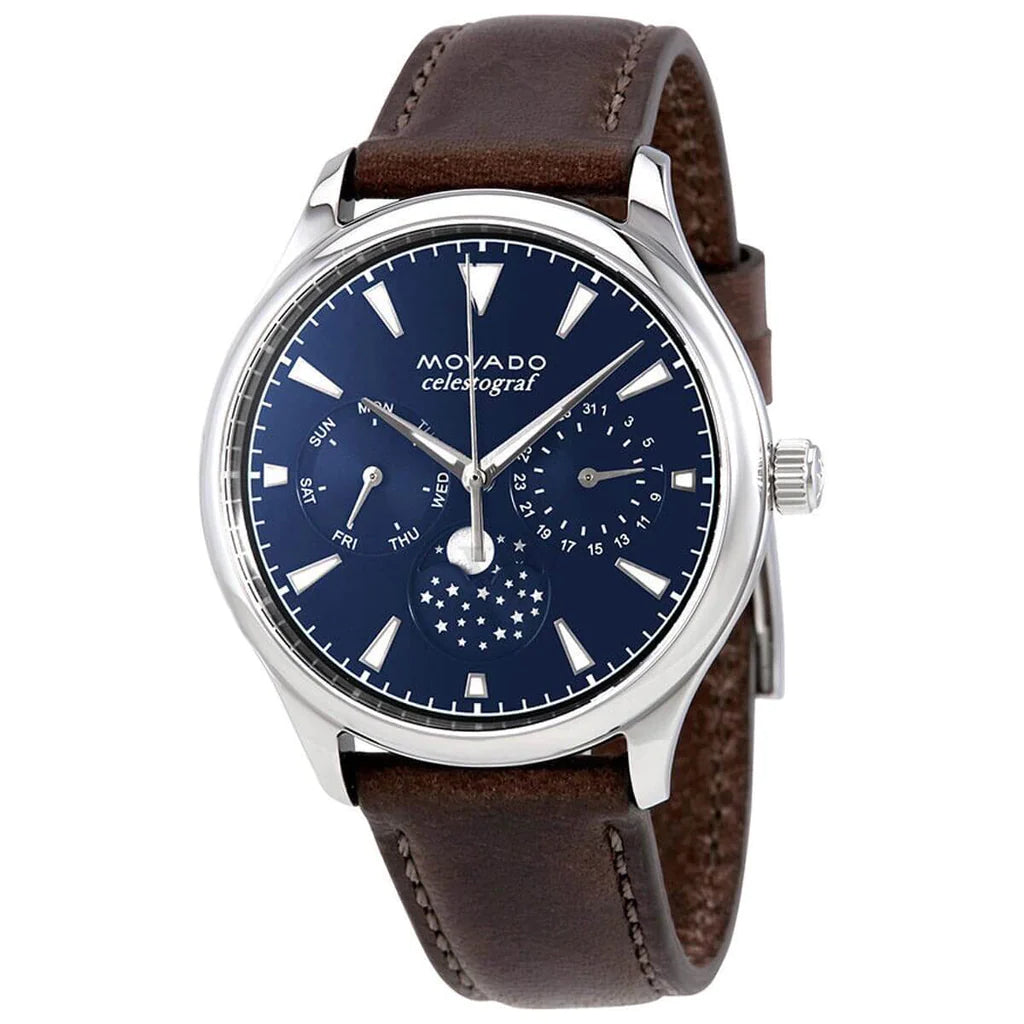  Shop Authentic Movado Heritage Moonphase Blue Dial Brown Leather Strap Watch For Women - 3650009 - Luxxuri