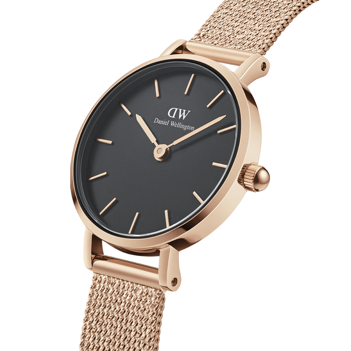  Shop Authentic Daniel Wellington Petite Pressed Melrose Black Dial Rose Gold Mesh Strap Watch For Women - DW00100440 - Luxxuri