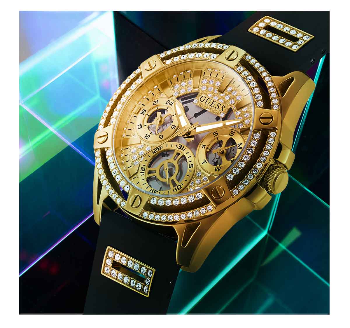  Shop Authentic Guess Queen Quartz Gold Dial Black Silicone Strap Watch For Women - GW0536L3 - Luxxuri