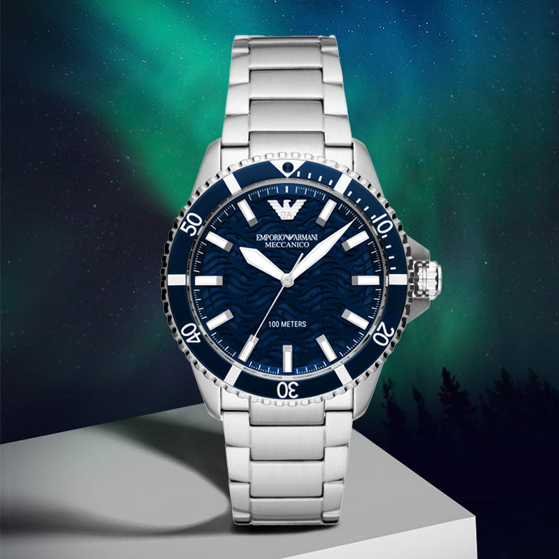 Shop Authentic Emporio Armani Meccanico Automatic Blue Dial Silver Steel Strap Watch For Men - AR60059 - Luxxuri