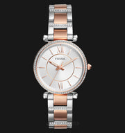  Shop Authentic Fossil Carlie Silver Dial Two Tone Steel Strap Watch for Women - ES4342 - Luxxuri