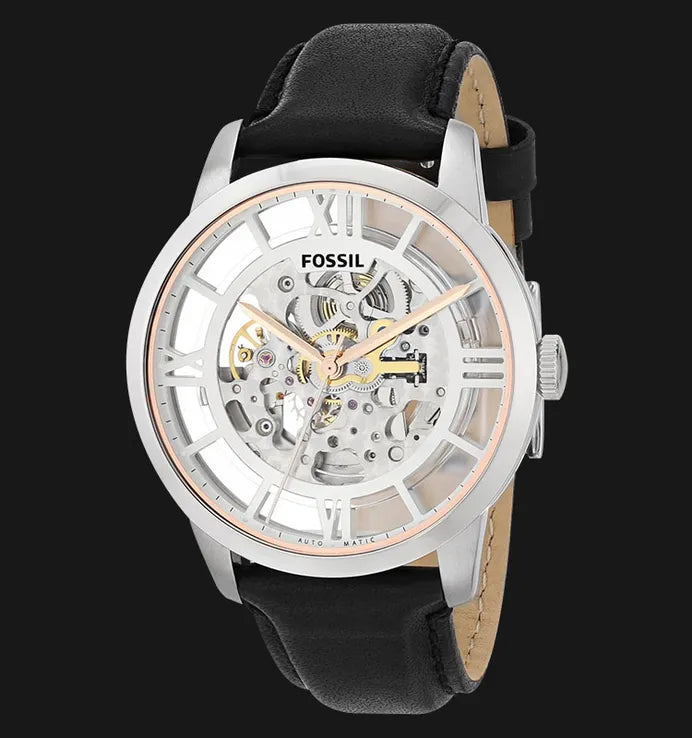  Shop Authentic Fossil Townsman Automatic Skeleton Silver Dial Black Leather Strap Watch for Men - ME3041 - Luxxuri