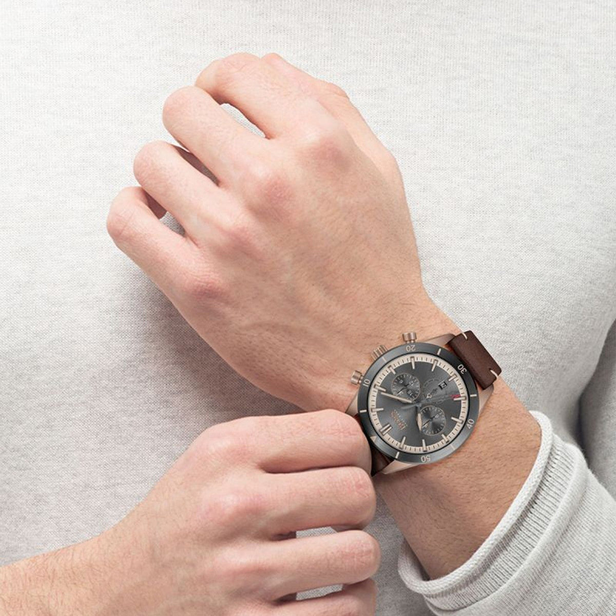 Shop Authentic Hugo Boss Santiago Grey Dial Brown Leather Strap Watch for Men - 1513861 - Luxxuri