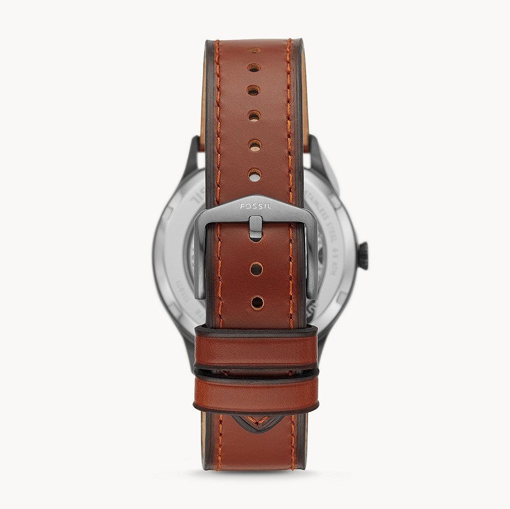 Shop Authentic Fossil Forrester Luggage Automatic Skeleton Blue Dial Brown Leather Strap Watch for Men - ME3179 - Luxxuri
