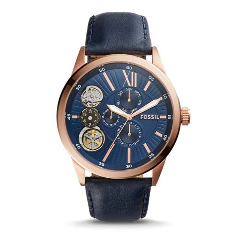  Shop Authentic Fossil Flynn Mechanical Blue Dial Blue Leather Strap Watch for Men - BQ2219 - Luxxuri