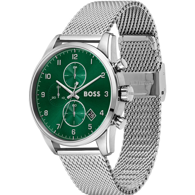  Shop Authentic Hugo Boss Skymaster Green Dial Silver Mesh Bracelet Watch for Men - 1513938 - Luxxuri
