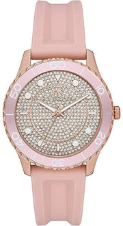  Shop Authentic Michael Kors Runway Three Hand Crystal Pave Dial Pink Rubber Strap Watch For Women - MK6854 - Luxxuri