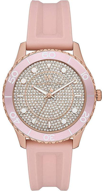  Shop Authentic Michael Kors Runway Three Hand Crystal Pave Dial Pink Rubber Strap Watch For Women - MK6854 - Luxxuri