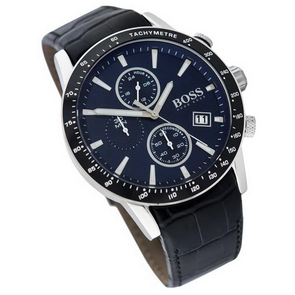  Shop Authentic Hugo Boss Rafale Chronograph Blue Dial Black Leather Strap Watch For Men - 1513391 - Luxxuri