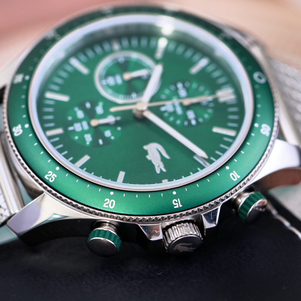 Lacoste Neoheritage Chronograph Green Dial Silver Steel Strap Watch for Men - 2011255