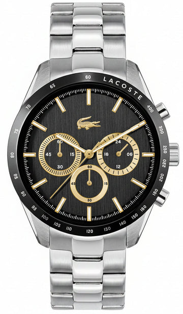 Lacoste Boston Chronograph Black Dial Silver Steel Strap Watch for Men - 2011272
