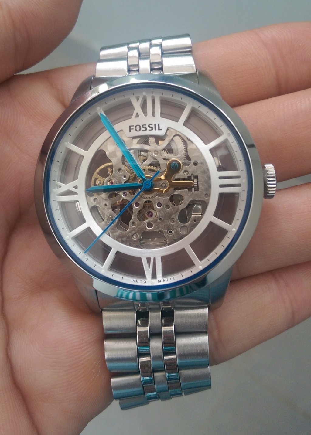  Shop Authentic Fossil Townsman Automatic Skeleton Silver Dial Silver Steel Strap Watch for Men - ME3044 - Luxxuri