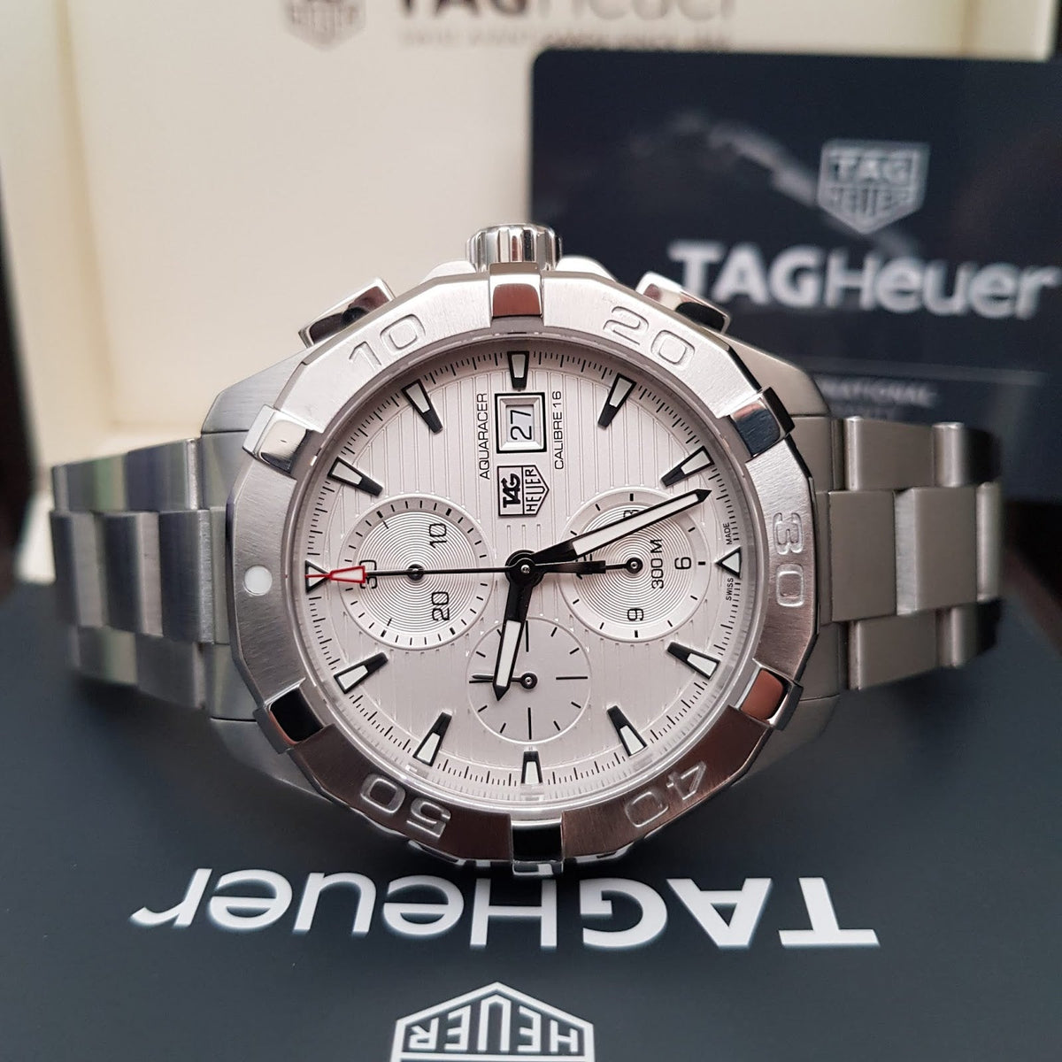  Shop Authentic Tag Heuer Aquaracer Caliber 16 Automatic Chronograph White Dial Silver Steel Strap Watch for Men - CAY2111.BA0927 - Luxxuri