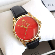  Shop Authentic Gucci G Timeless Coral Red Dial Black Leather Strap Watch For Men - YA126464 - Luxxuri
