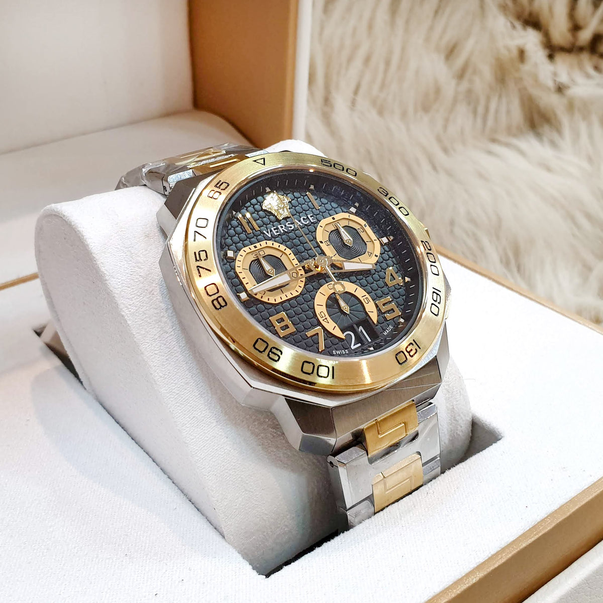  Shop Authentic Versace Dylos Chronograph Black Dial Two Tone Steel Strap Watch for Men - VQC100016 - Luxxuri