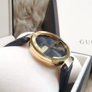  Shop Authentic Gucci Interlocking G Gold Black Dial Black Leather Strap Unisex Watch - YA133326 - Luxxuri