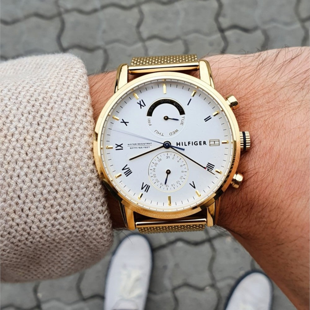  Shop Authentic Tommy Hilfiger Kane White Dial Gold Mesh Bracelet Watch for Men - 1710403 - Luxxuri