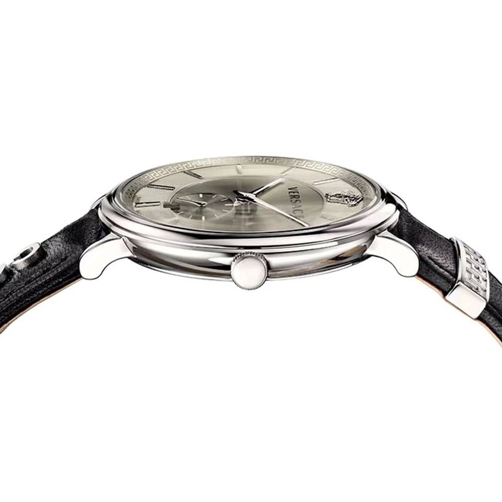  Shop Authentic Versace V-Circle Silver Dial Black Leather Strap Watch for Men - VEBQ01219 - Luxxuri