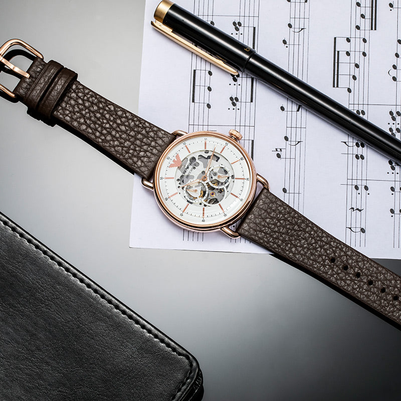  Shop Authentic Emporio Armani Meccanico Automatic White Dial Brown Leather Strap Watch For Men - AR60027 - Luxxuri