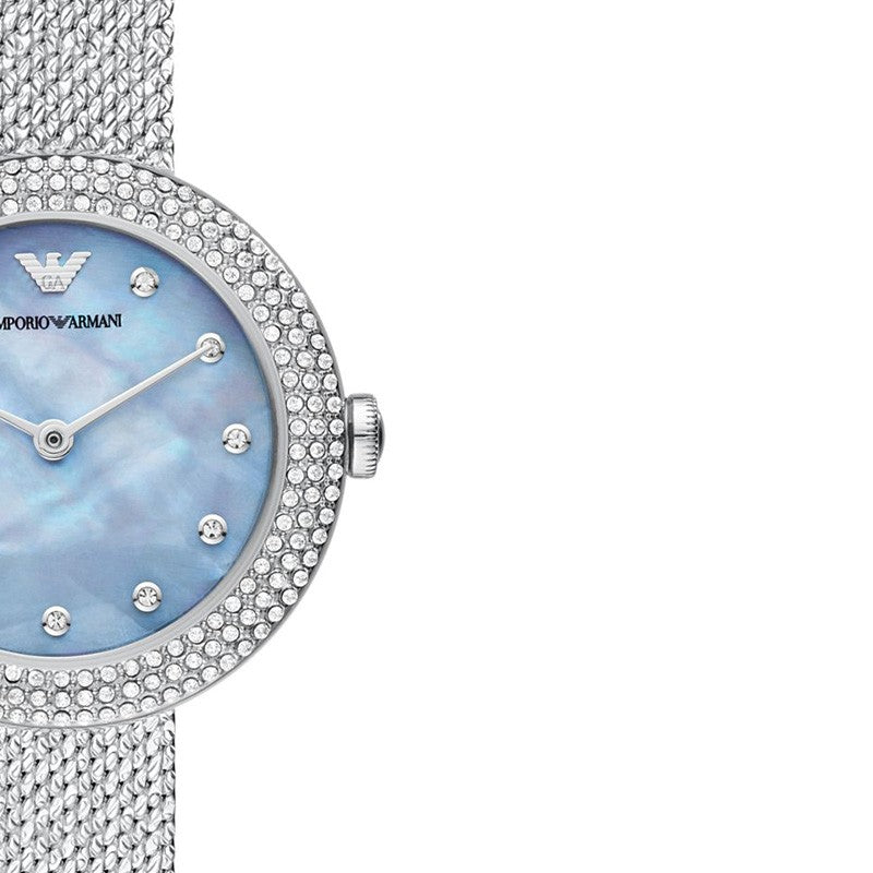  Shop Authentic Emporio Armani Rosa Diamonds Mother of Pearl Blue Dial Silver Mesh Bracelet Watch For Women - AR11380 - Luxxuri