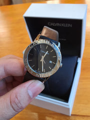  Shop Authentic Calvin Klein Steady Black Dial Black Leather Strap Watch for Women - K7Q211C1 - Luxxuri