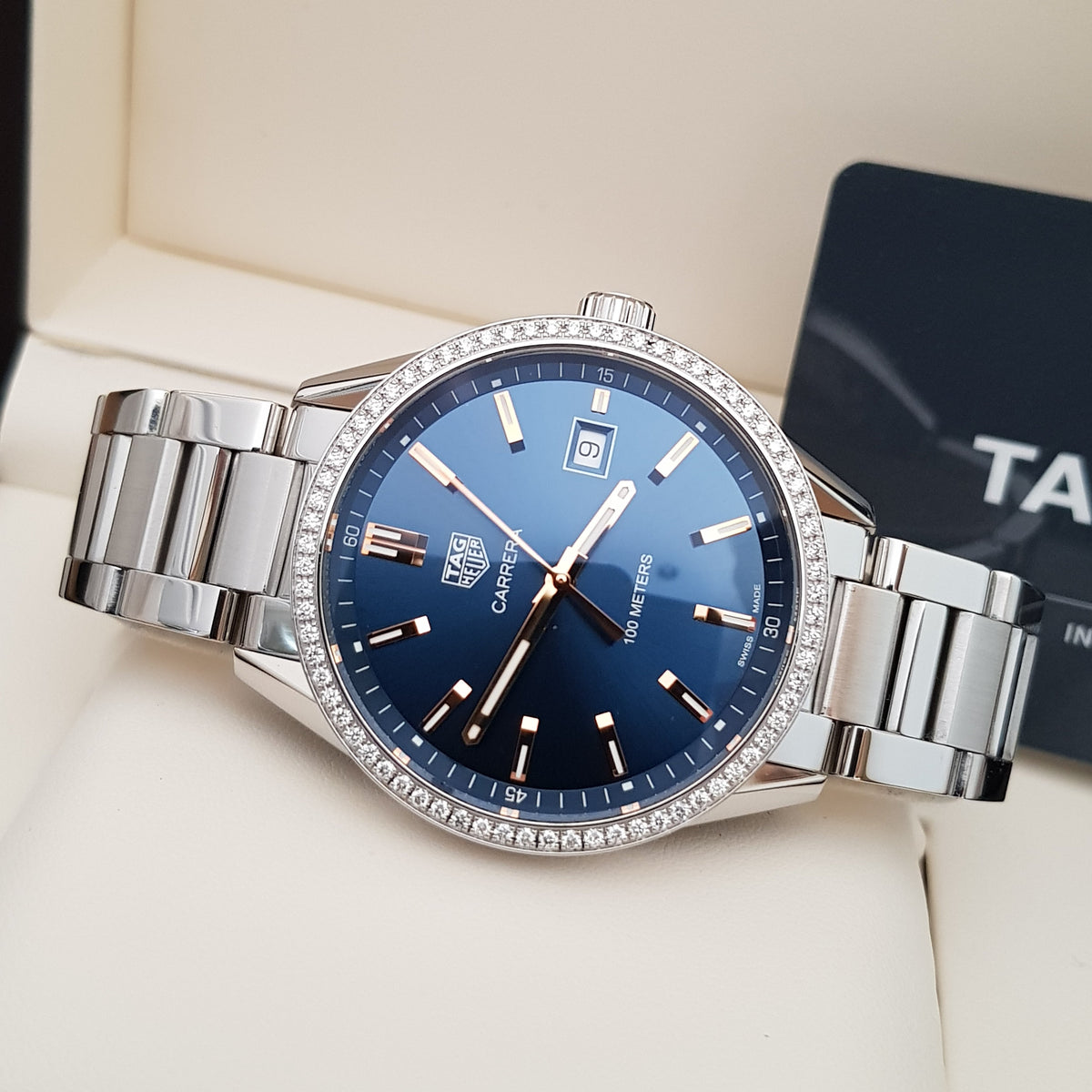  Shop Authentic Tag Heuer Carrera Quartz Diamonds Blue Dial Silver Steel Strap Watch for Women - WAR1114.BA0601 - Luxxuri