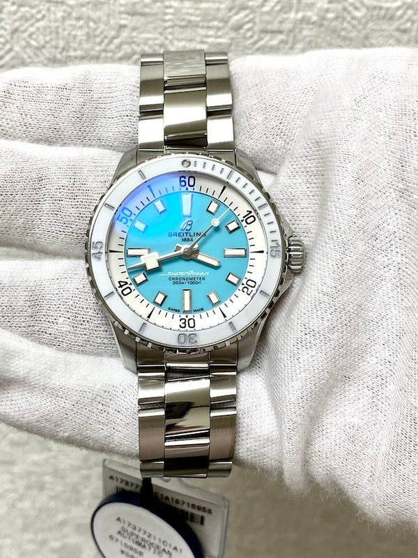 Shop Authentic Breitling Superocean Automatic 36 Turquoise Dial Silver Steel Strap Watch for Men - A17377211C1A1 - Luxxuri