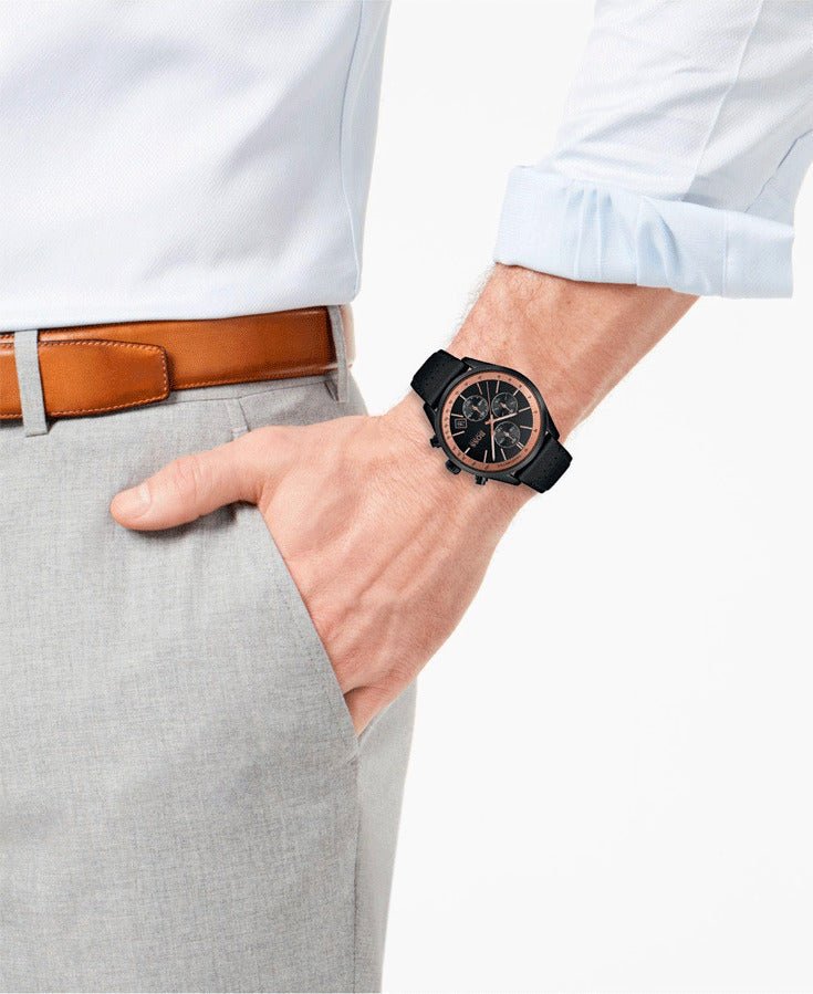  Shop Authentic Hugo Boss Grand Prix Chronograph Black Dial Black Leather Strap Watch for Men - 1513550 - Luxxuri