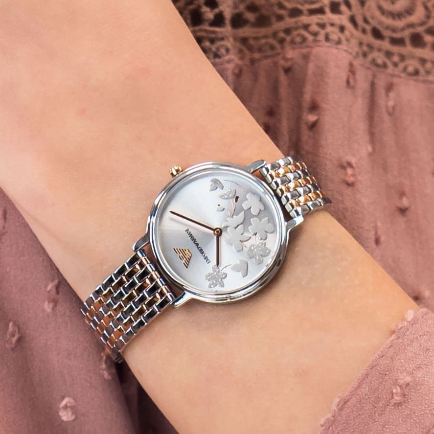  Shop Authentic Emporio Armani Silver Sunray Dial Two Tone Steel Strap Watch For Women - AR11113 - Luxxuri