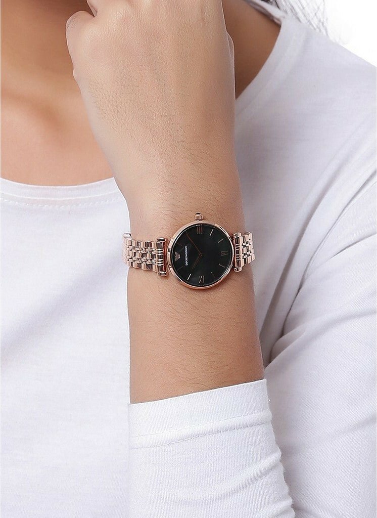  Shop Authentic Emporio Armani Gianni T-Bar Black Dial Rose Gold Strap Watch For Women - AR11145 - Luxxuri