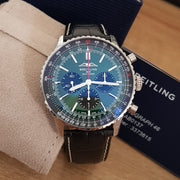  Shop Authentic Breitling Navitimer B01 Chronograph 46 Green Dial Black Leather Strap Watch for Men - AB0137241L1P1 - Luxxuri