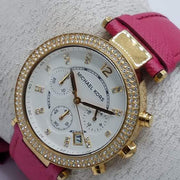  Shop Authentic Michael Kors Parker Chronograph White Dial Pink Leather Strap Watch for Women - MK2297 - Luxxuri