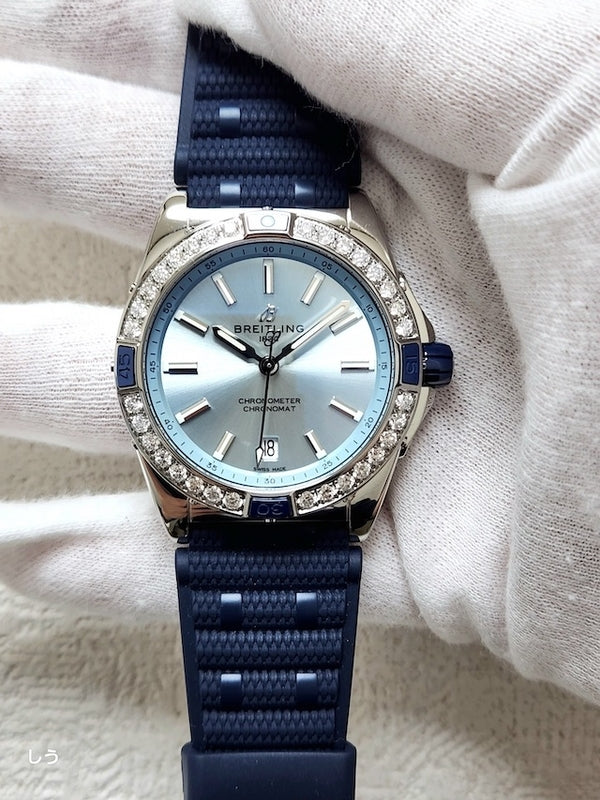  Shop Authentic Breitling Super Chronomat Automatic 38 Diamonds Blue Dial Blue Rubber Strap Watch for Women - A17356531C1S1 - Luxxuri