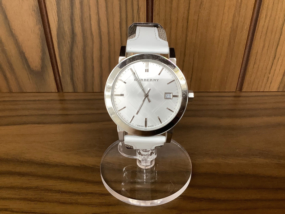  Shop Authentic Burberry The City Silver Dial White Leather Strap Watch for Women - BU9019 - Luxxuri