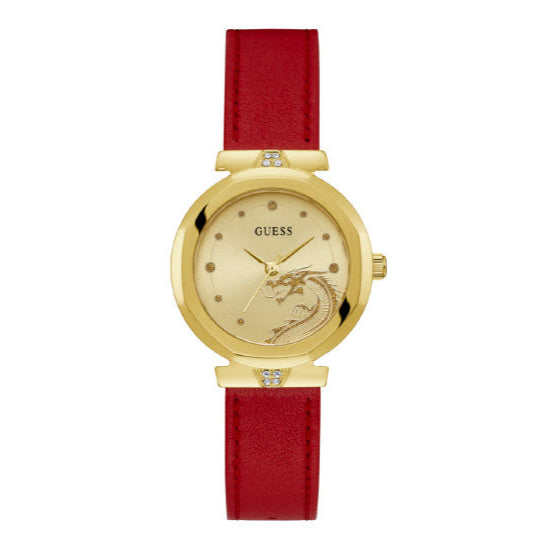  Shop Authentic Guess Trend Dragon Gold Dial Red Leather Strap Watch For Women - GW0646L1 - Luxxuri