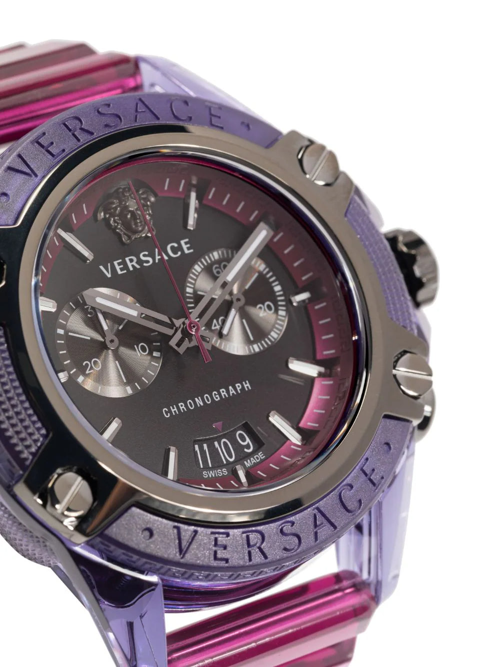  Shop Authentic Versace Icon Active Chronograph Black Dial Purple Rubber Strap Watch For Men - VEZ701423 - Luxxuri