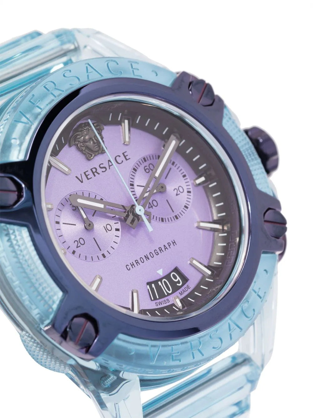  Shop Authentic Versace Icon Active Chronograph Purple Dial Blue Silicone Strap Watch For Men - VEZ701523 - Luxxuri