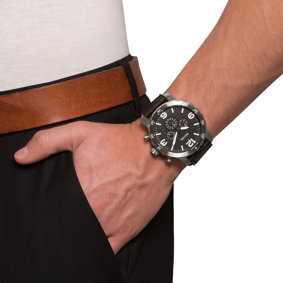  Shop Authentic Fossil Nate Chronograph Black Dial Black Leather Strap Watch for Men - JR1436 - Luxxuri