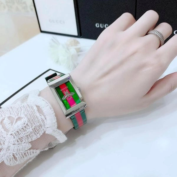  Shop Authentic Gucci G Frame Quartz Green & Red Mother of Pearl Dial Multicolor Leather Strap Watch For Women - YA147408 - Luxxuri