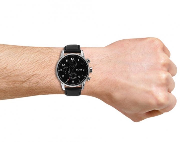  Shop Authentic Hugo Boss Navigator Black Dial Black Leather Strap Watch for Men - 1513678 - Luxxuri