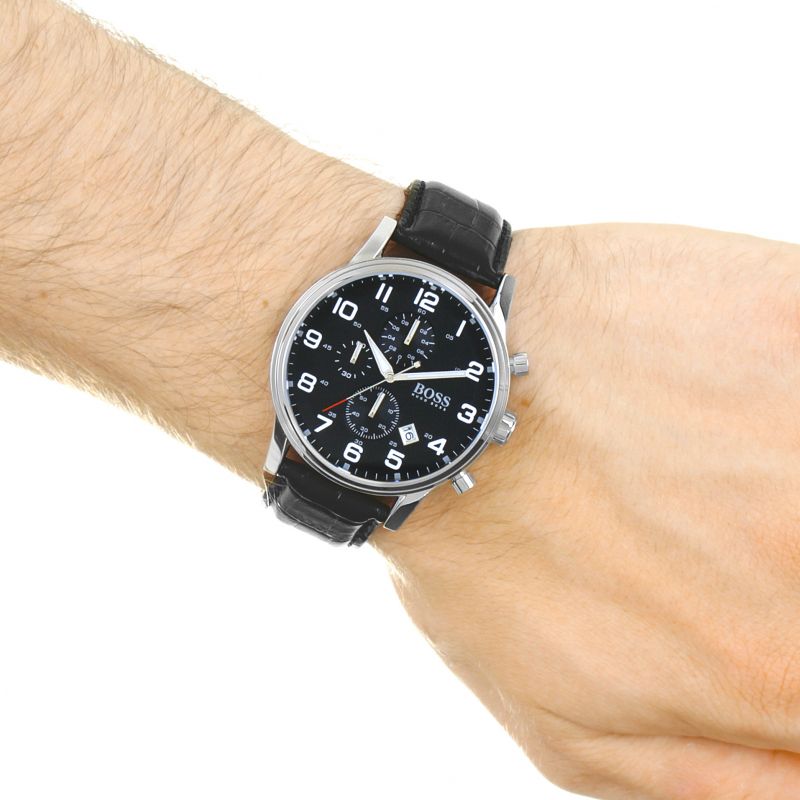  Shop Authentic Hugo Boss Aeroliner Chronograph Black Dial Black Leather Strap Watch For Men - 1512448 - Luxxuri