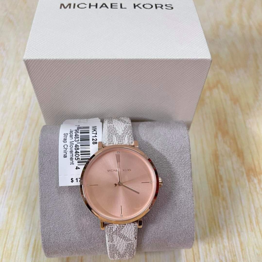  Shop Authentic Michael Kors Jayne Three Hand Rose Gold Dial White Leather Strap Watch For Women - MK7128 - Luxxuri