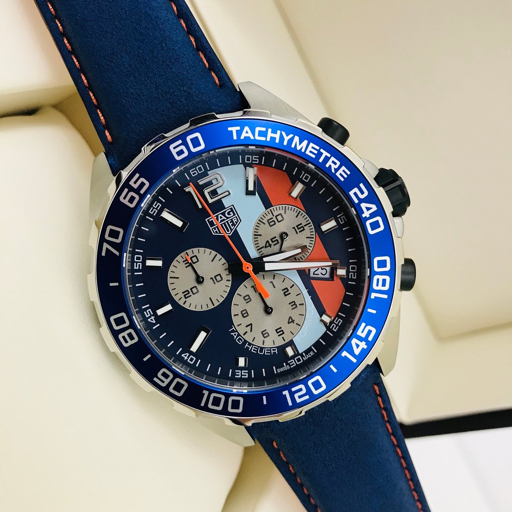  Shop Authentic Tag Heuer Formula 1 Gulf Edition Blue Dial Blue Leather Strap Watch for Men - CAZ101N.FC8243 - Luxxuri