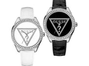 Shop Authentic Guess Mini Triangle Quartz Diamonds Silver Dial White Leather Strap Watch For Women - W65006L1 - Luxxuri