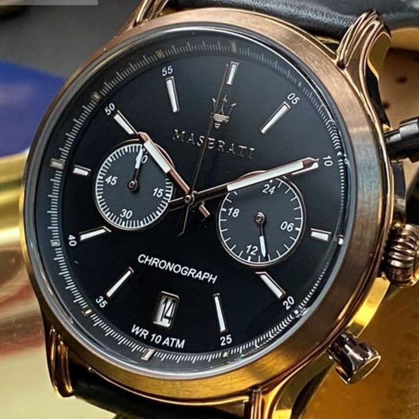 Shop Authentic Maserati Legend Chronograph Black Dial Black Leather Strap Watch For Men - R8871638001 - Luxxuri