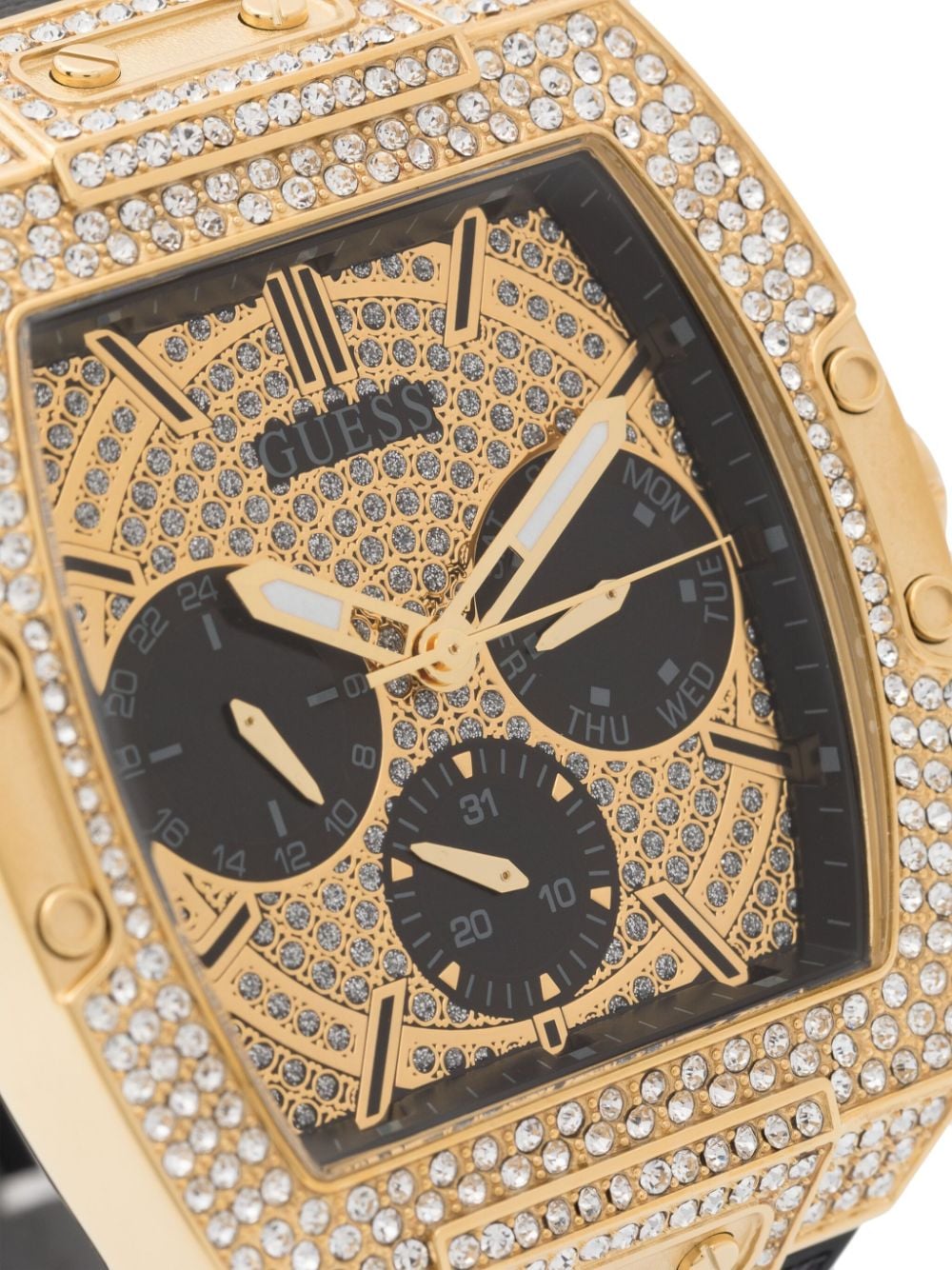  Shop Authentic Guess Phoenix Multifunction Crystals Gold Dial Black Silicone Strap Watch For Men - GW0048G2 - Luxxuri