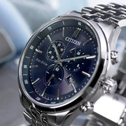 Shop Authentic Citizen Eco Drive Chronograph Blue Dial Silver Steel Strap Watch For Men - AT2140-55L - Luxxuri