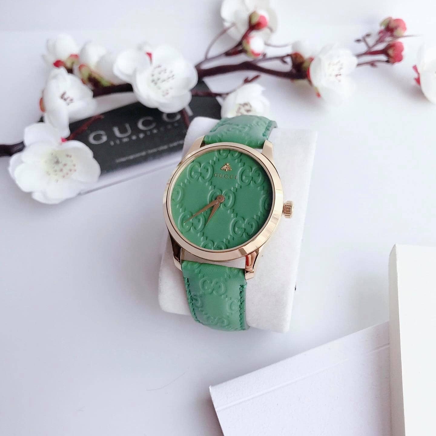  Shop Authentic Gucci G Timeless Quartz Green Dial Green Leather Strap Watch For Women - YA1264099 - Luxxuri